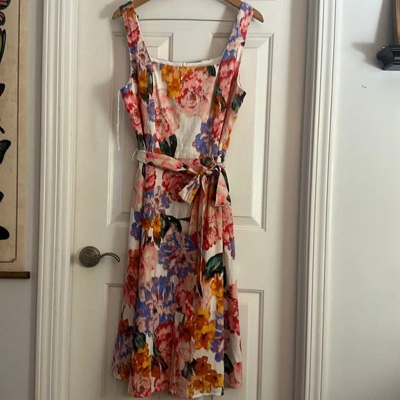 knee length dresses for ladies London Times Floral Linen Blend Fit & Flare Dress in Ivy/Lilac at Nordstrom Rack, Size 2 main image 1